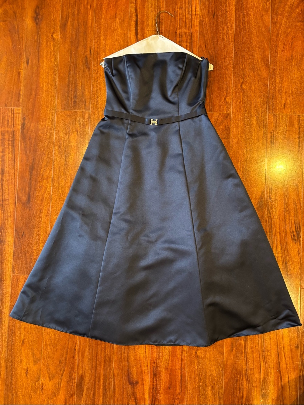 Michaelangelo Strapless Navy Satin A-Line Dress with Waist Accent